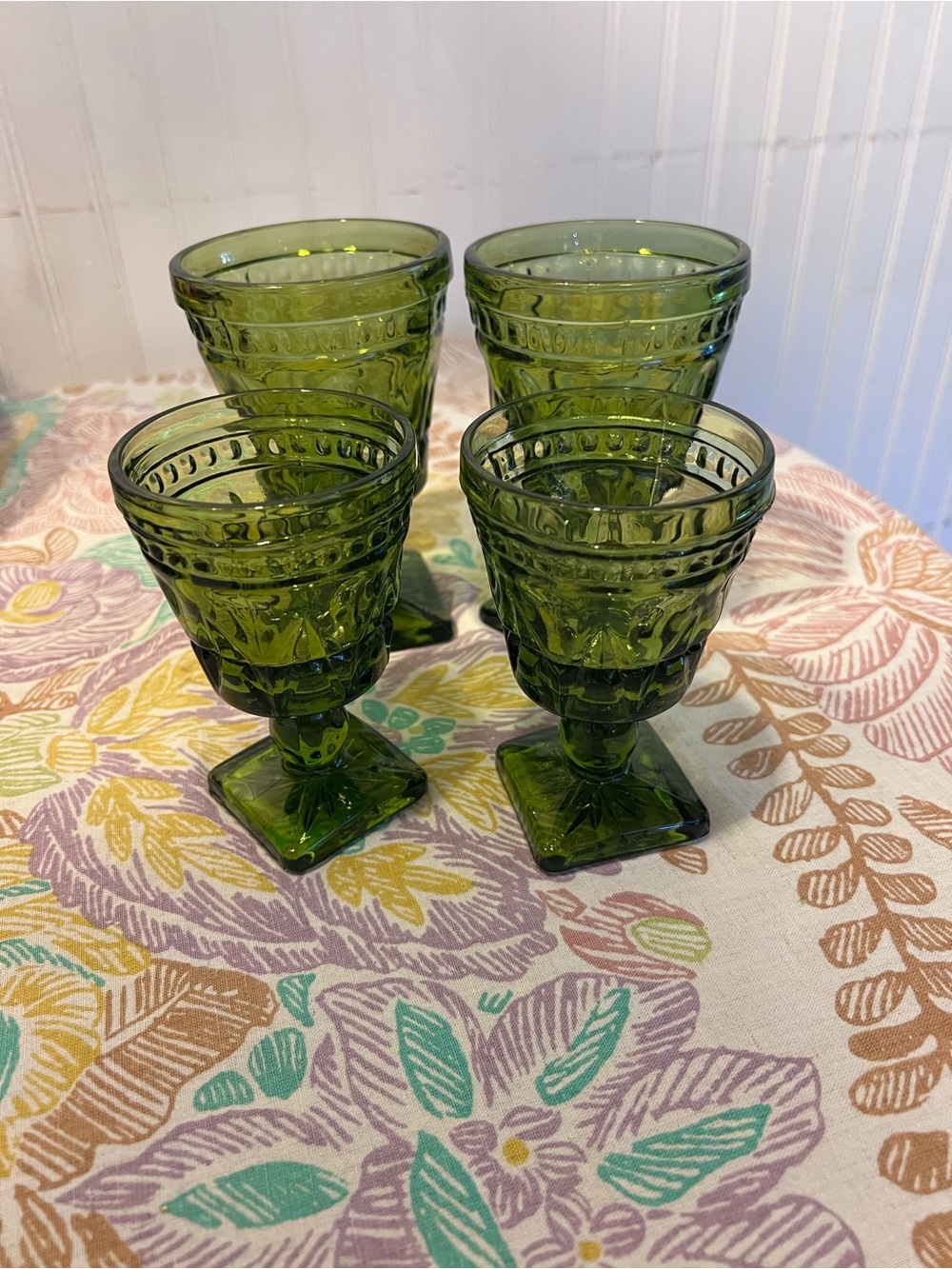 Vintage Green Pressed Glass Goblet Set